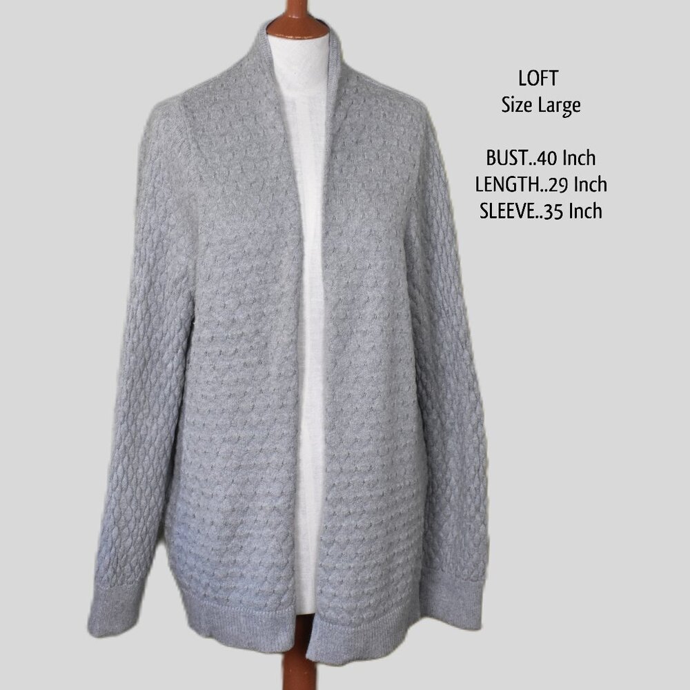 LOFT Sweater L Light Gray Knit Long Sleeve Cotton Blend Hand Wash Open Front